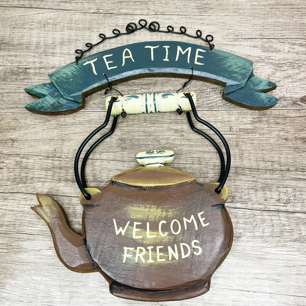 Vintage Rustic Wood Tea Time Welcome Friends Teapot Wall Hanging Kitchen Decor